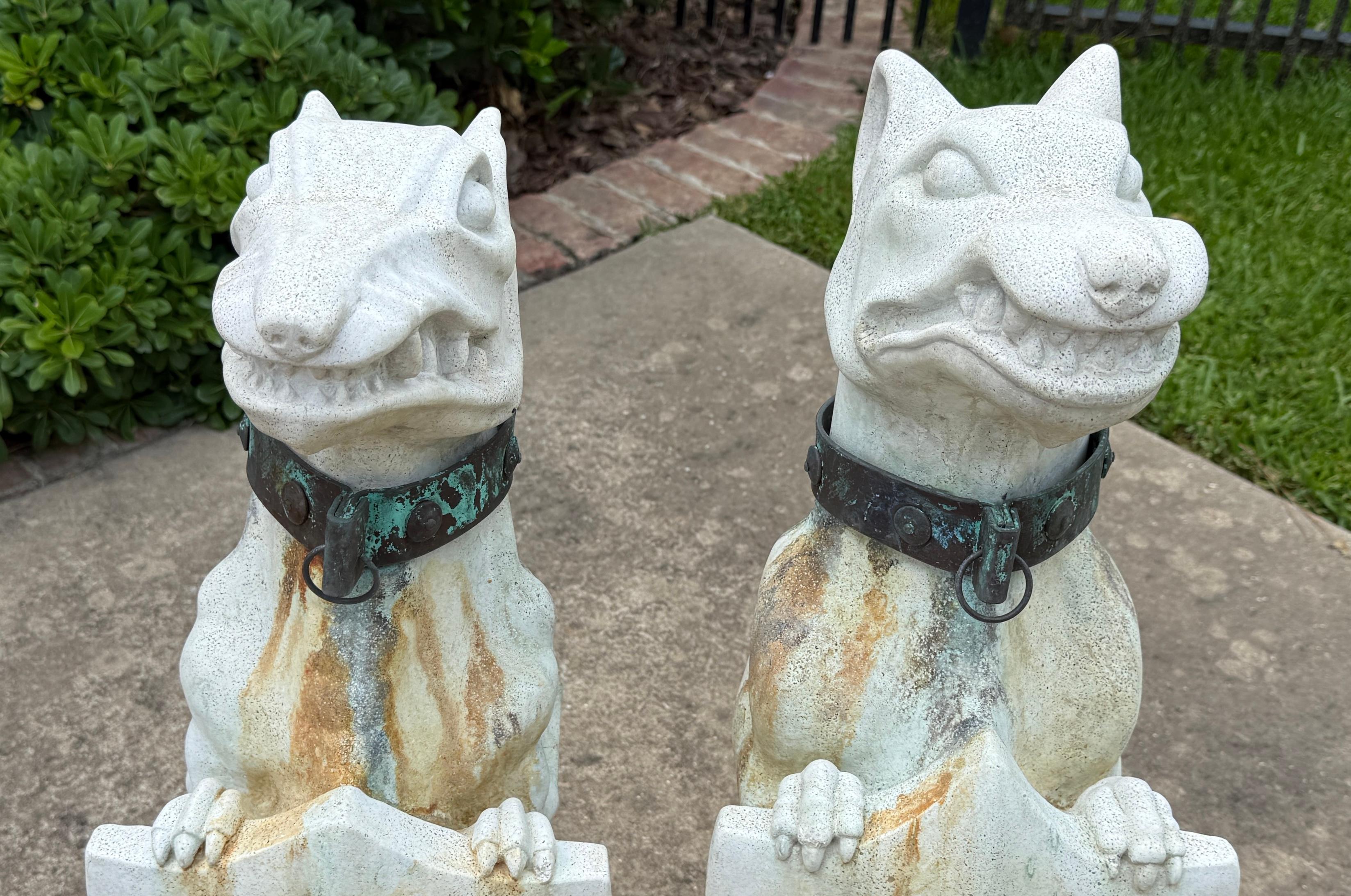 Vintage English Statues Garden Figures Gargoyles Brass Collars Cast Stone Pair For Sale 12