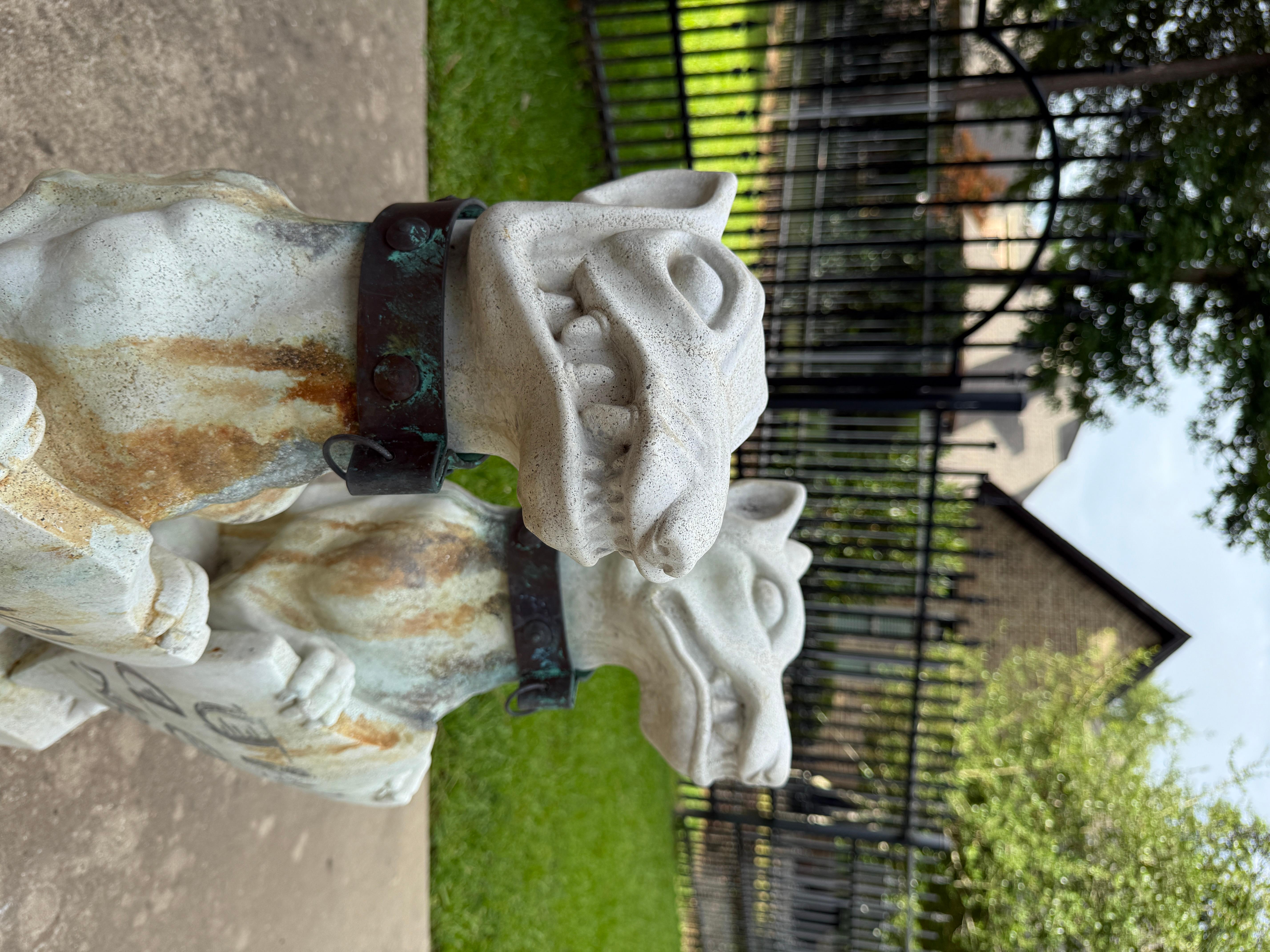 Vintage English Statues Garden Figures Gargoyles Brass Collars Cast Stone Pair For Sale 8