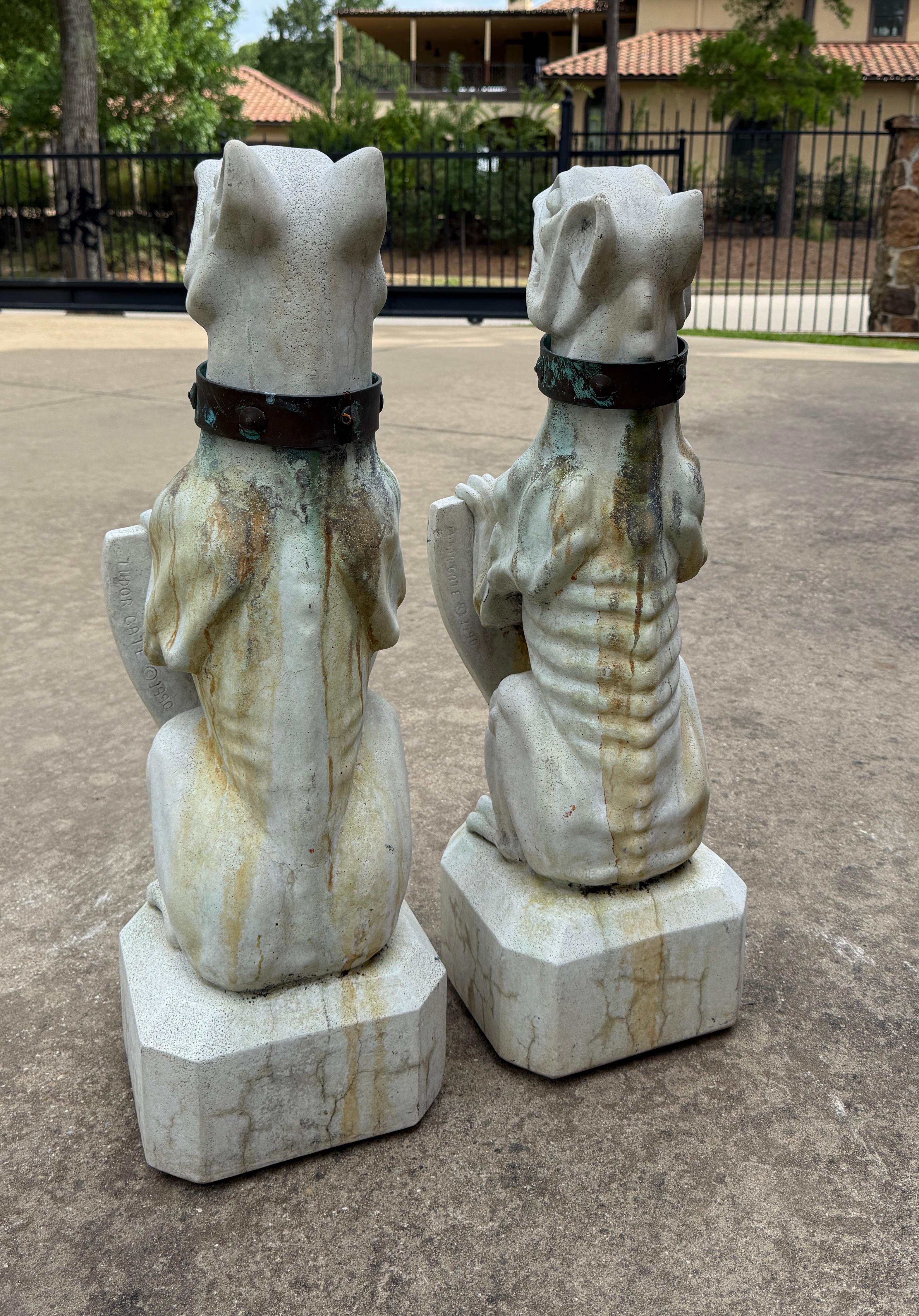 Vintage English Statues Garden Figures Gargoyles Brass Collars Cast Stone Pair For Sale 6