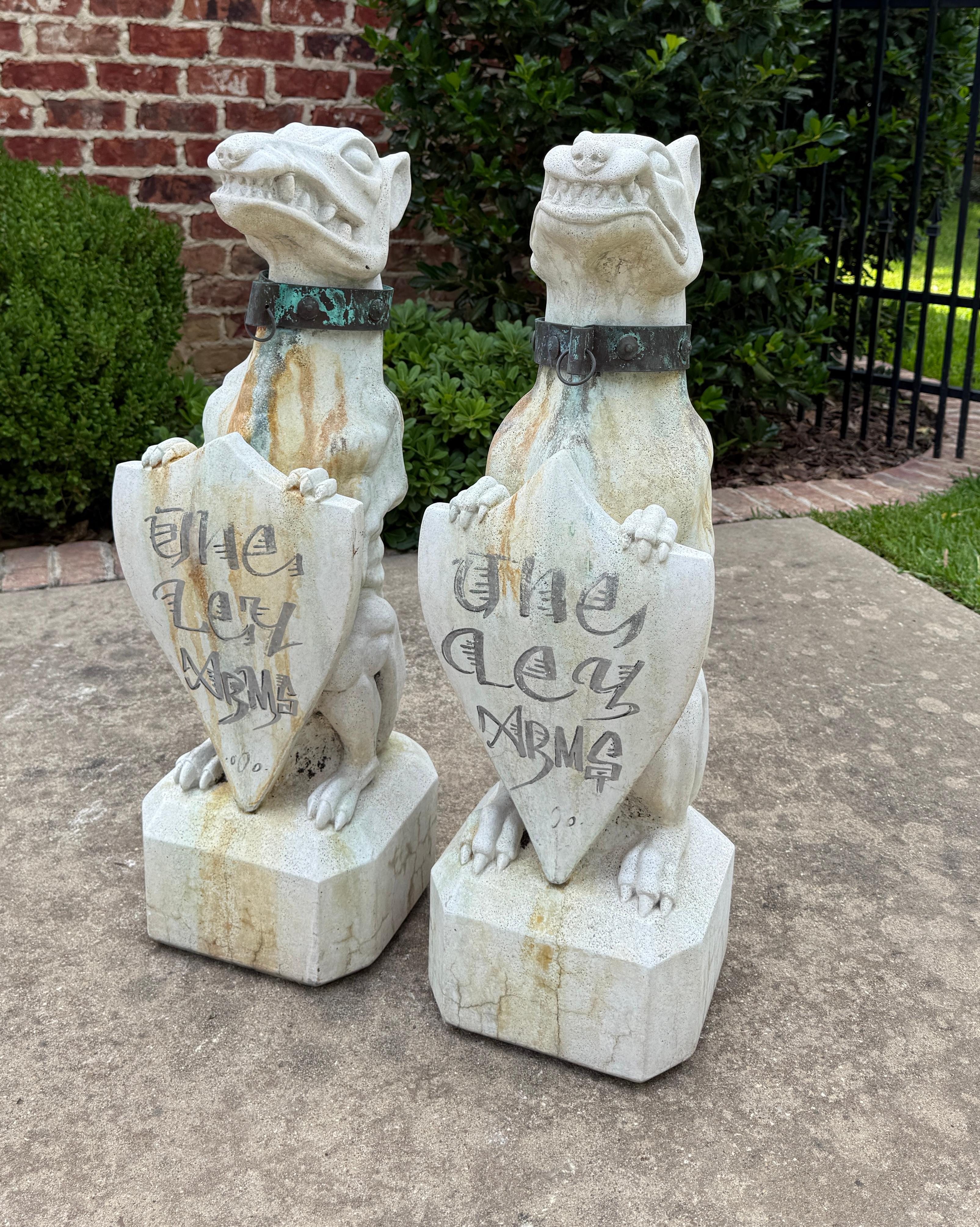 Vintage English Statues Garden Figures Gargoyles Brass Collars Cast Stone Pair For Sale 13