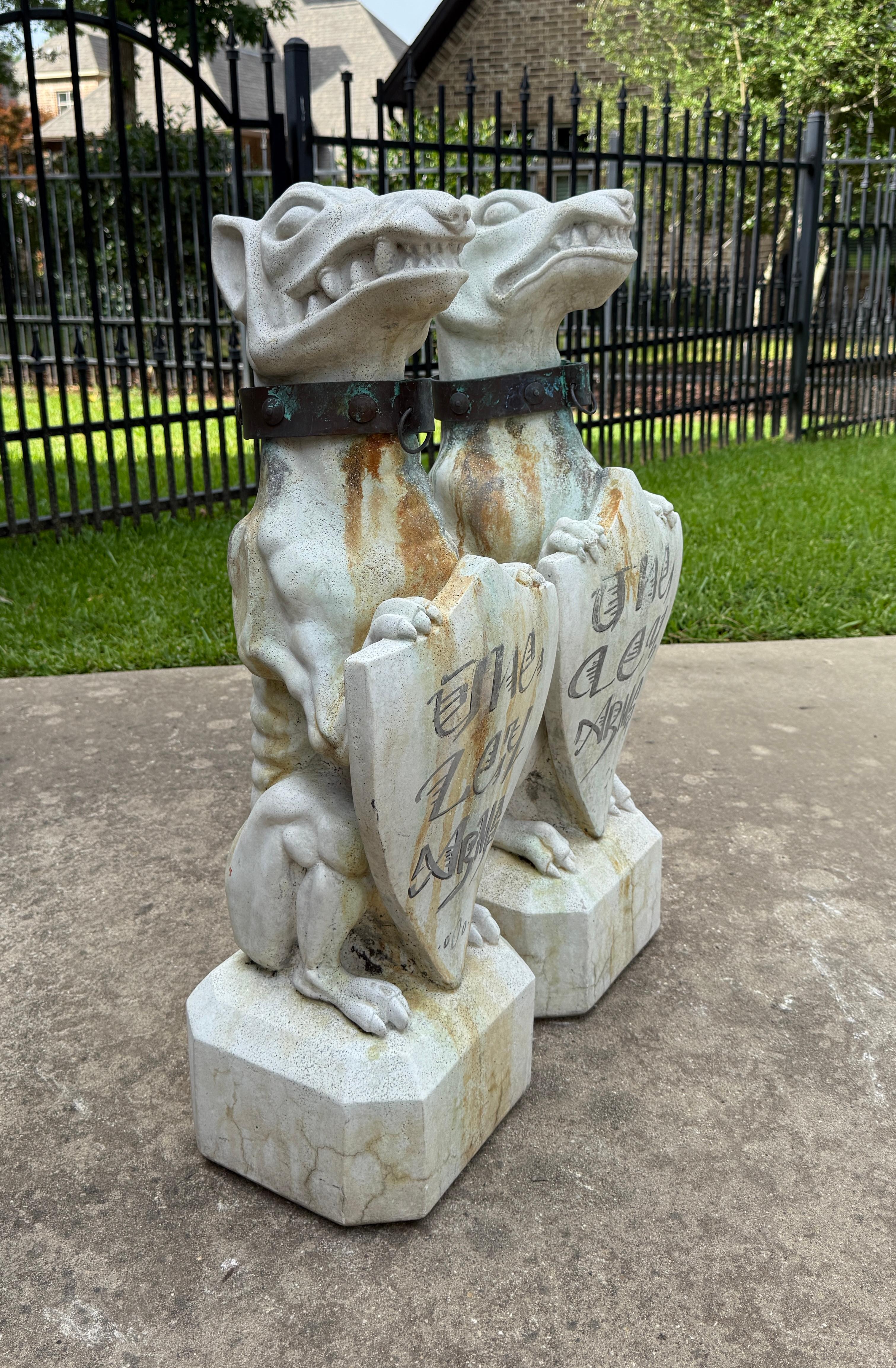 Vintage English Statues Garden Figures Gargoyles Brass Collars Cast Stone Pair For Sale 7
