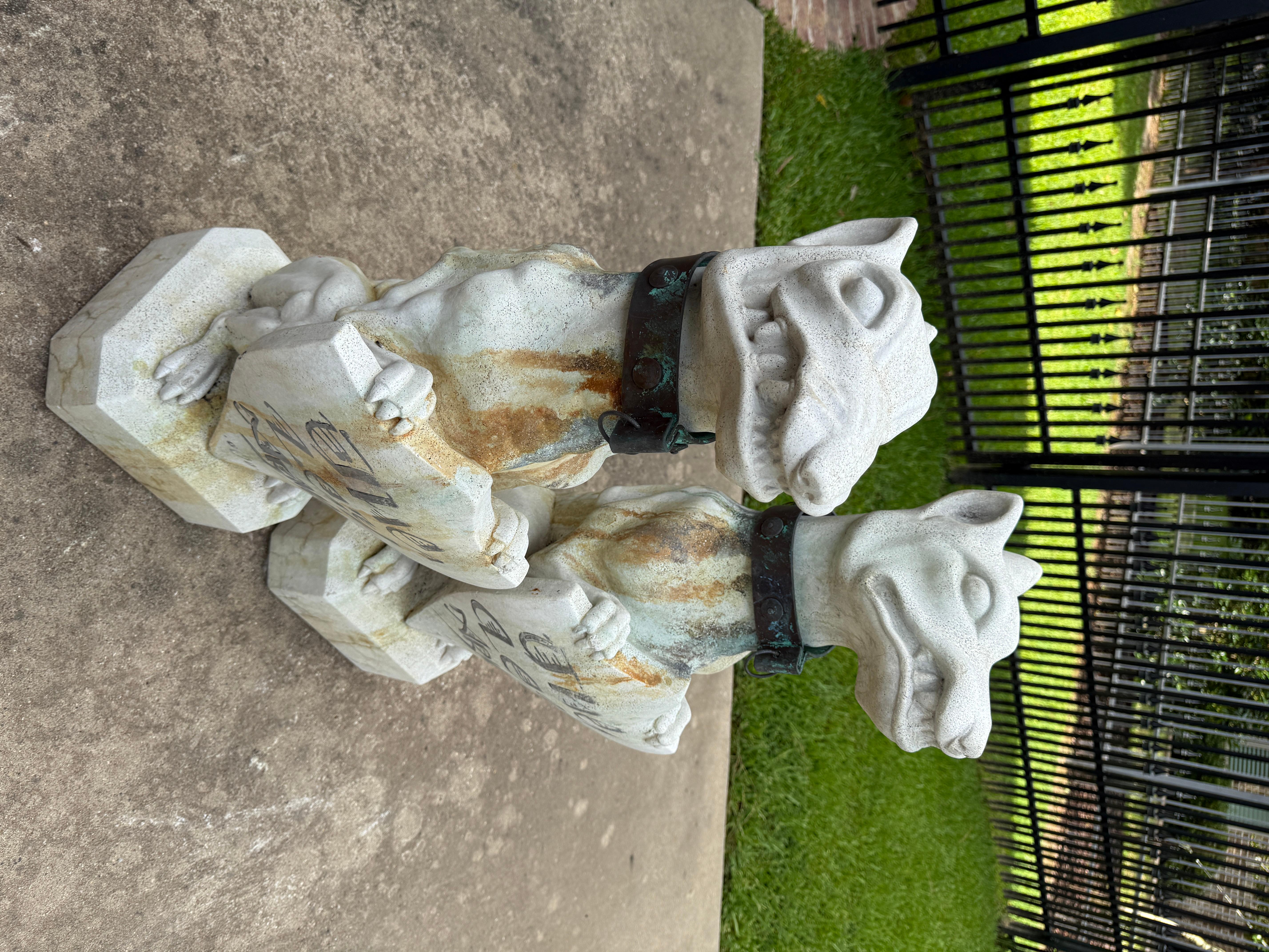 Vintage English Statues Garden Figures Gargoyles Brass Collars Cast Stone Pair For Sale 9