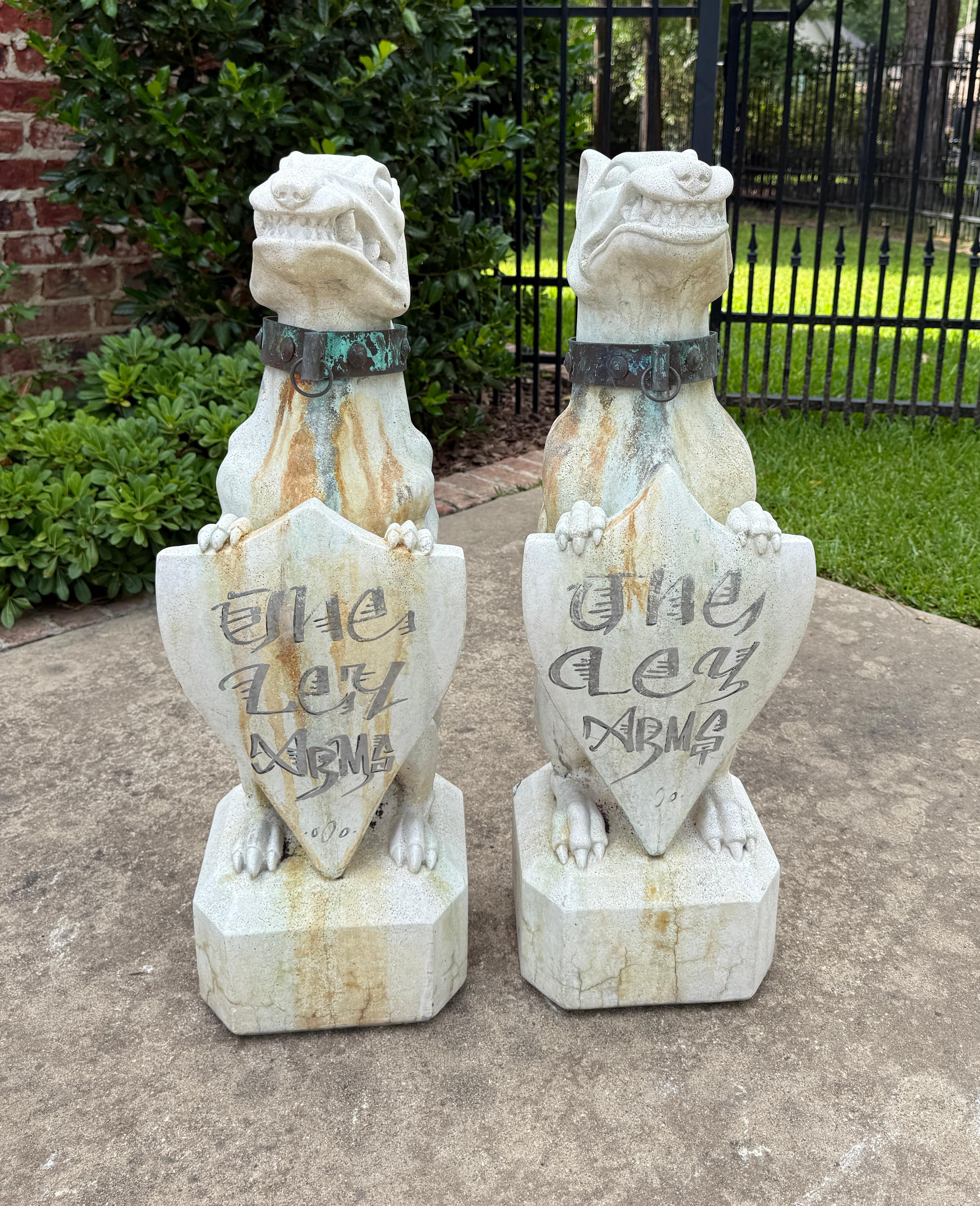 Vintage English Statues Garden Figures Gargoyles Brass Collars Cast Stone Pair For Sale 10