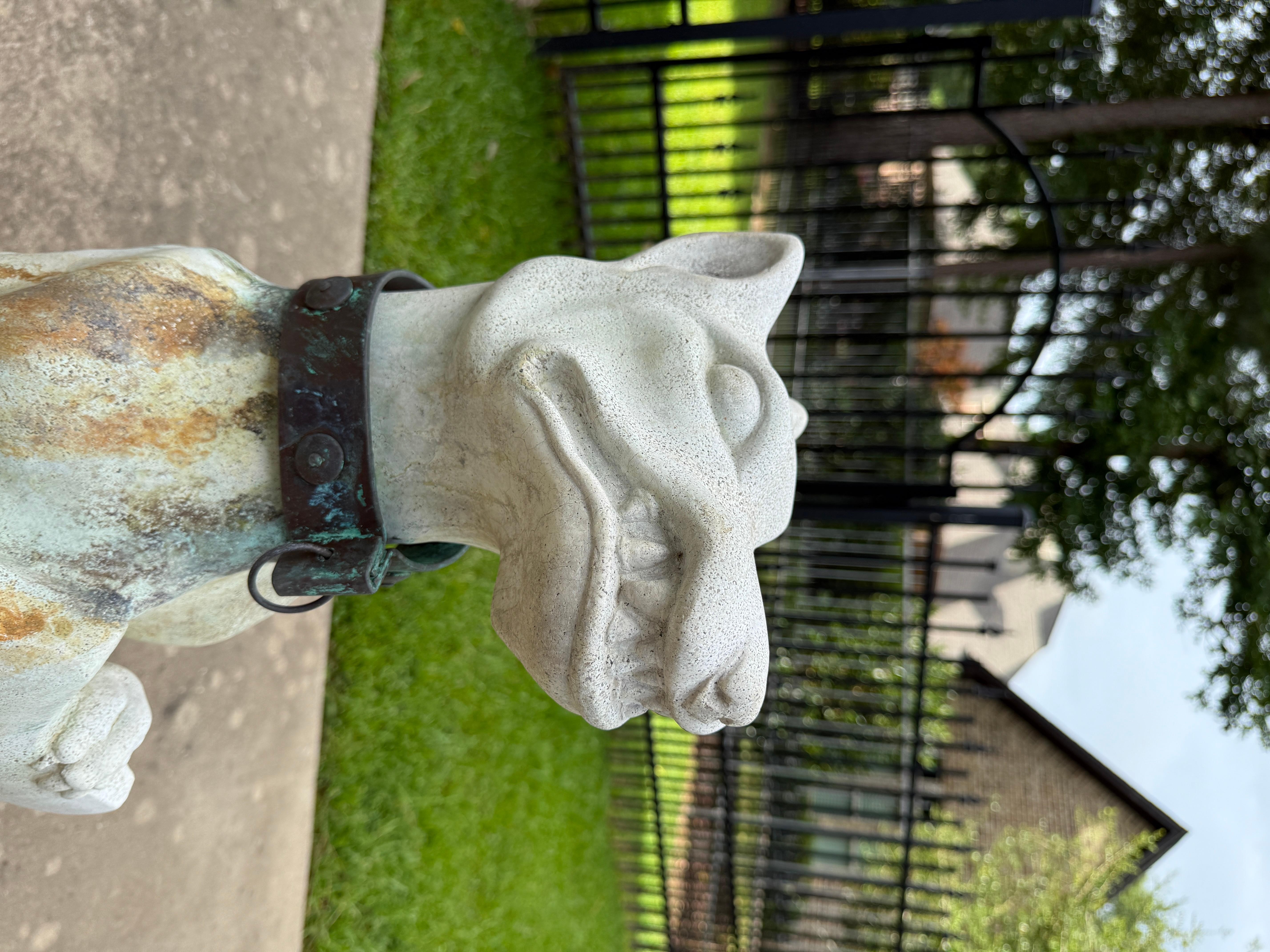 Vintage English Statues Garden Figures Gargoyles Brass Collars Cast Stone Pair For Sale 11