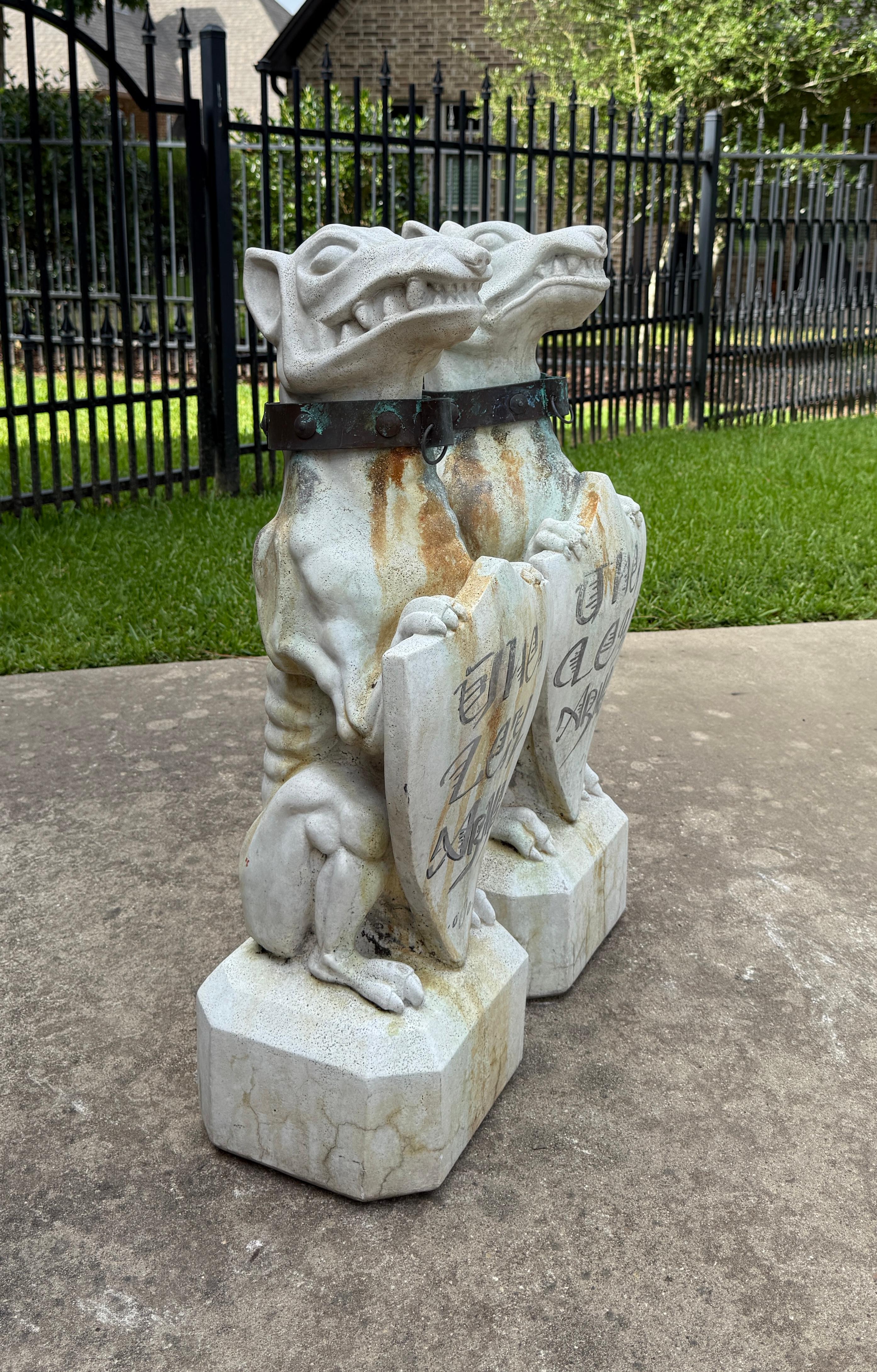 Vintage English Statues Garden Figures Gargoyles Brass Collars Cast Stone Pair For Sale 15