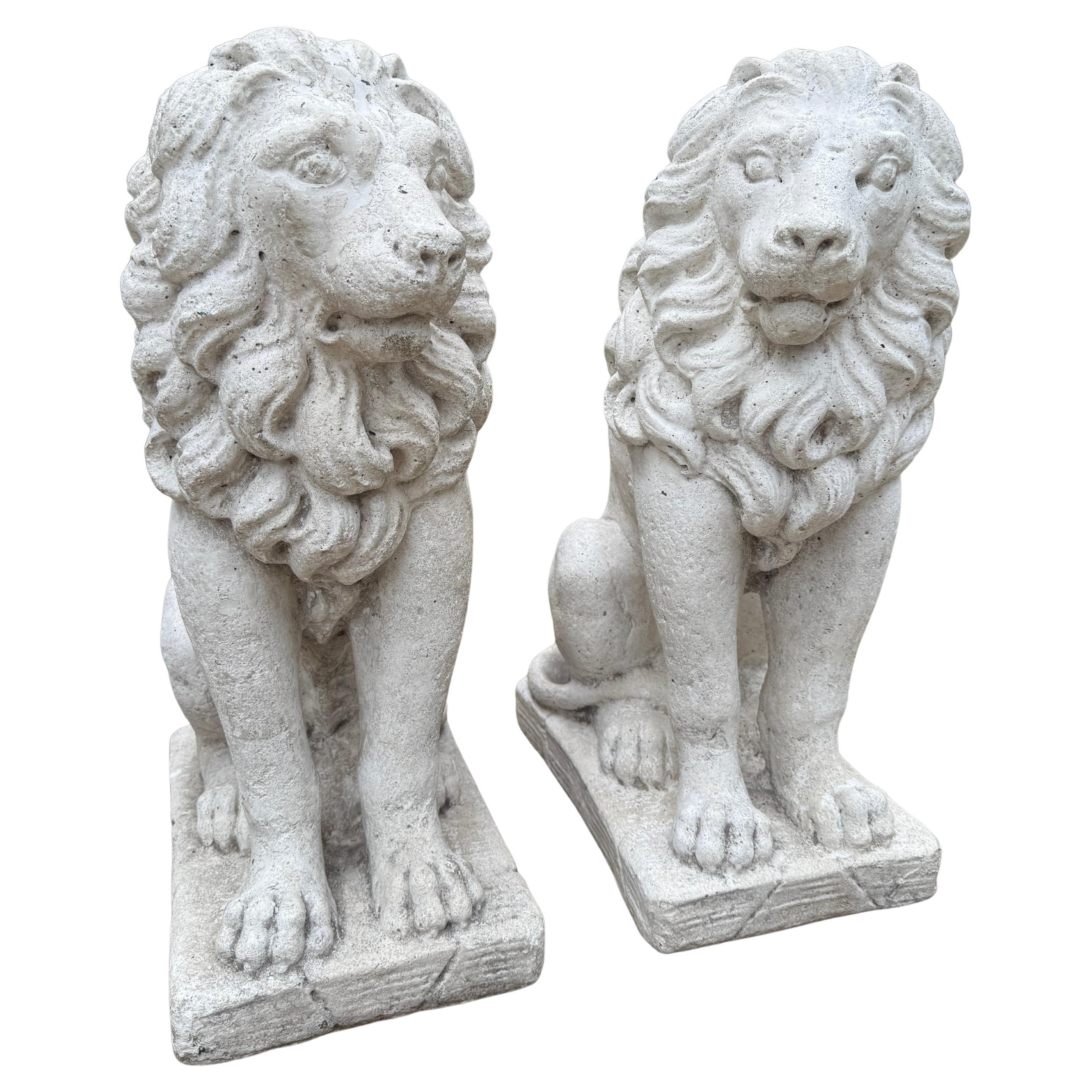 Vintage English Statues LIONS PAIR Garden Figures Cast Stone Yard Decor 22" Tall