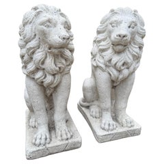 Used English Statues LIONS PAIR Garden Figures Cast Stone Yard Decor 22" Tall