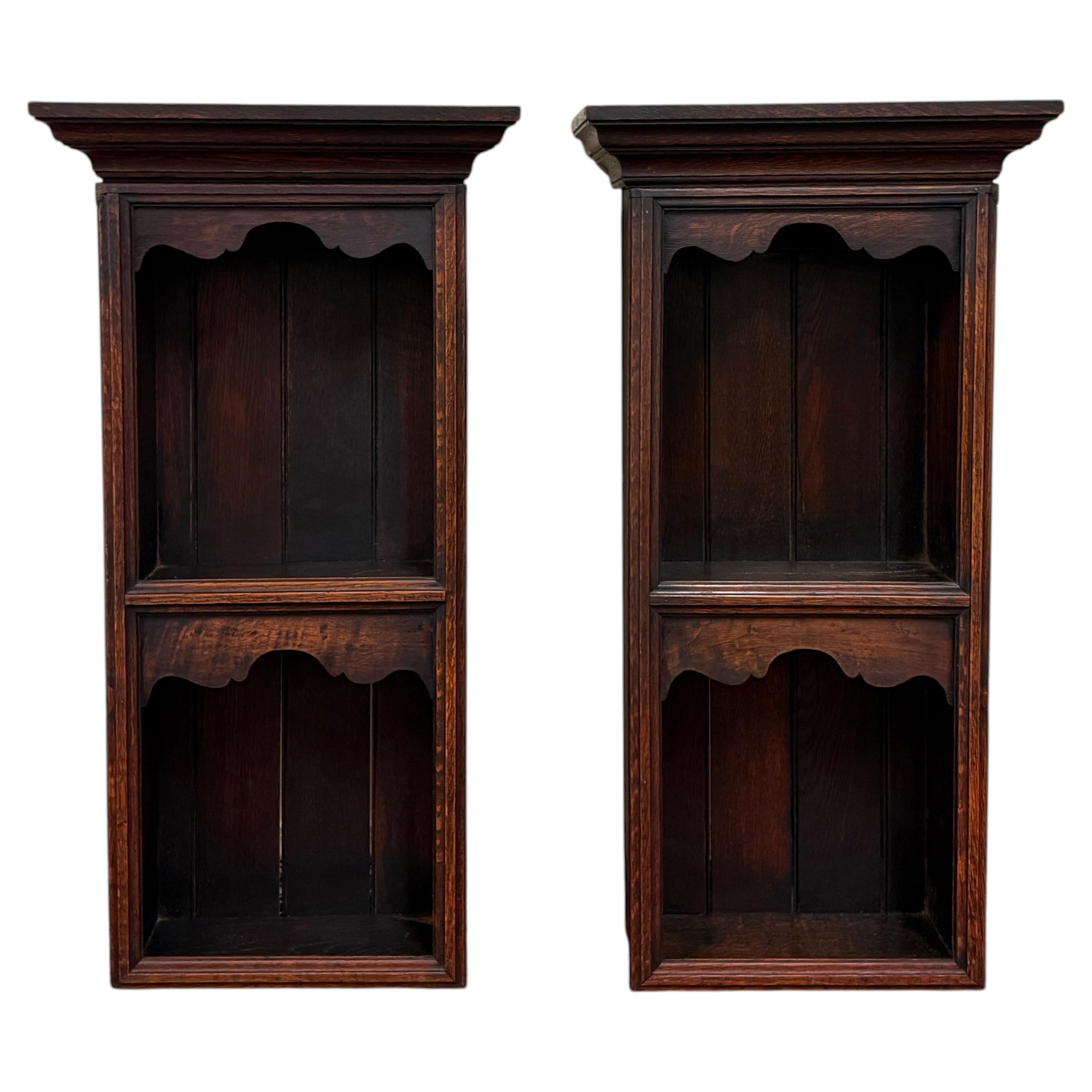 Antique English Pair Bookcases Plate Racks Wall Shelves Hanging Wall Oak 1920-30