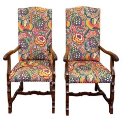 Antique Pair of Catalan Style Carved Oak Recently Upholstered Armchairs c. 1920s
