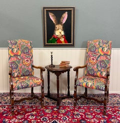 Antique Pair of Catalan Style Carved Oak Recently Upholstered Armchairs c. 1920s