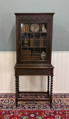 Antique English Oak Jacobean Revival Barley Twist Bookcase Display Cabinet 1900s