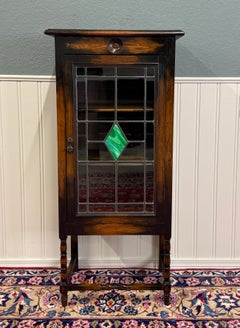 Antique English Arts & Crafts Oak Leaded Stained Glass Bookcase Cabinet c.1930s