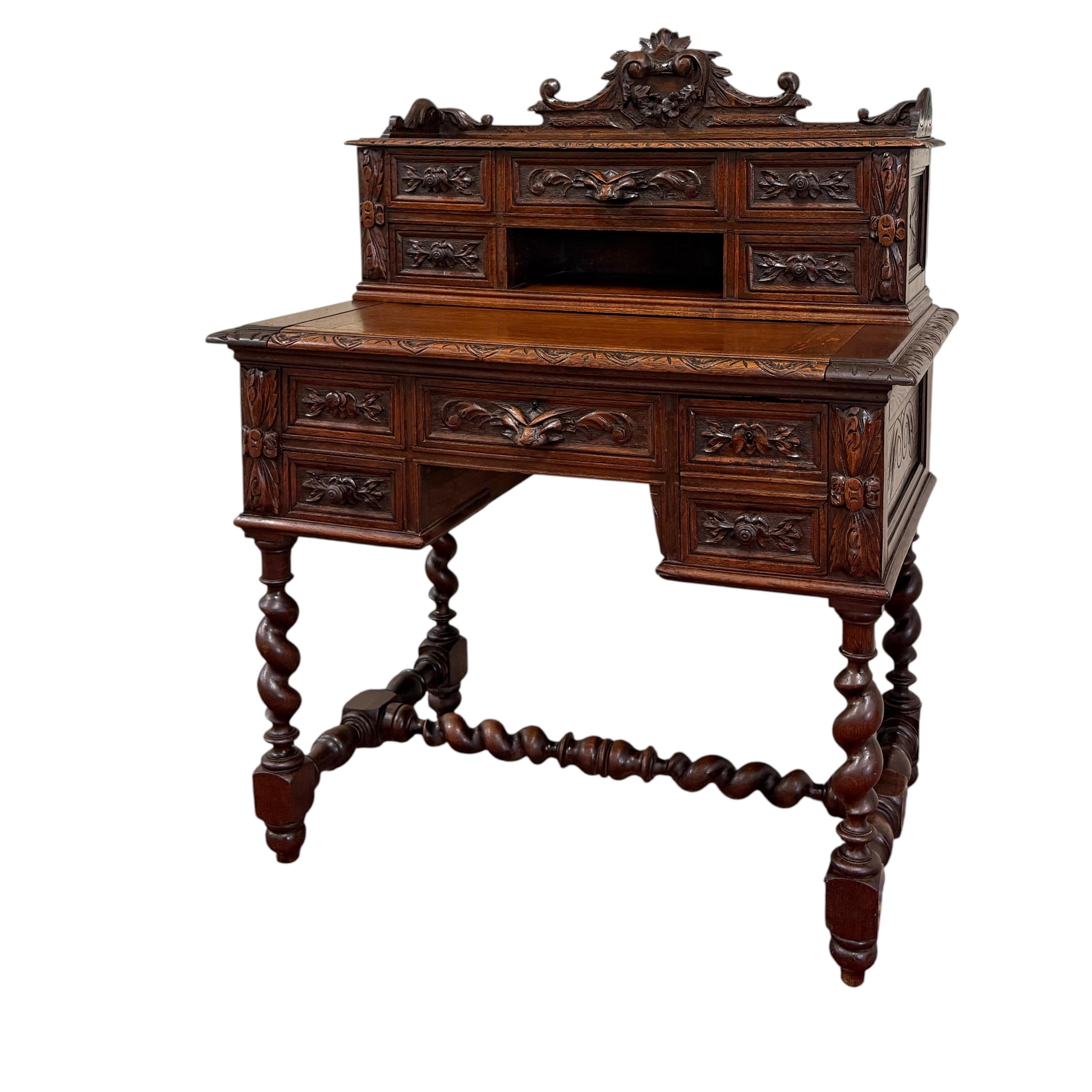 Antique French Petite Barley Twist Desk Carved Oak Renaissance Revival c.1890 For Sale