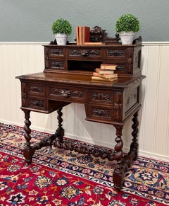 Antique French Petite Barley Twist Desk Carved Oak Renaissance Revival c.1890