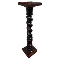 Antique French Louis XIII Barley Twist Pedestal Plant Stand Oak 42" T