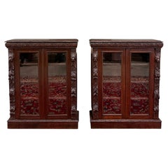 Antique French Pair of Renaissance Carved Bookcases Display Cabinets Oak c.1900