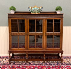 Antique English Jacobean Bookcase Bookshelf Cabinet Triple Glass Door Oak c1930s