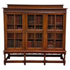 Antique English Jacobean Bookcase Bookshelf Cabinet Triple Glass Door Oak c1930s