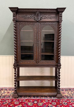 Vetrina-libreria antica in stile Luigi XIII, rovere con decorazioni a spirale, 1880 circa