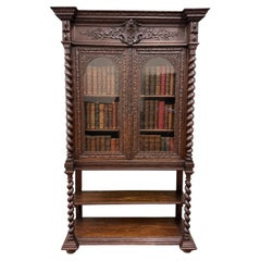 Vetrina-libreria antica in stile Luigi XIII, rovere con decorazioni a spirale, 1880 circa
