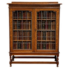 Antique English Bookcase Cabinet Double Door Leaded Wavy Glass Oak c.1930s