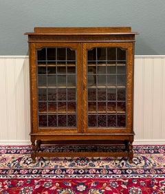 Antique English Bookcase Cabinet Double Door Leaded Wavy Glass Oak c.1930s
