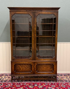 Antique English Jacobean Bookcase Cabinet Double Door Wavy Glass Tiger Oak 1930s