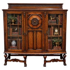 Antique English Jacobean Bookcase Bow Front Cabinet Triple Door Oak c1930s