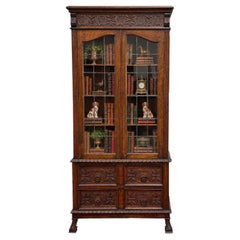 Antique English Jacobean Bookcase Cabinet Double Door Glass Drawers Oak c.1930s