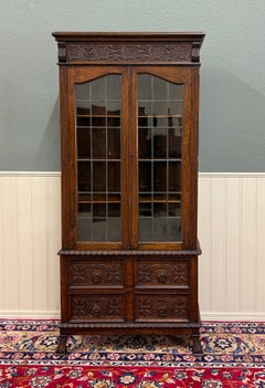 Antique English Jacobean Bookcase Cabinet Double Door Glass Drawers Oak c.1930s