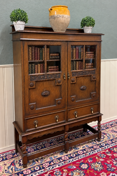 Antique English Jacobean Bookcase Bookshelf Cabinet Double Glass Door Oak c1930s