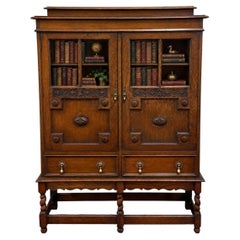 Antique English Jacobean Bookcase Bookshelf Cabinet Double Glass Door Oak c1930s