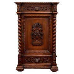 Antique French Renaissance Revival Oak Cabinet Barley Twist Carved Drawers 19thC