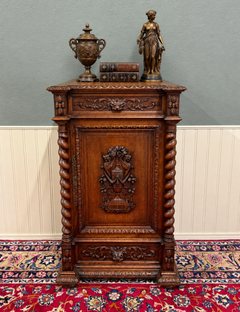 Antique French Renaissance Revival Oak Cabinet Barley Twist Carved Drawers 19thC