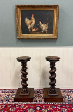 Antique PAIR French Louis XIII Barley Twist Pedestals Plant Stands Oak 33" T