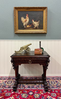 Antique French Oak Renaissance Revival Library Dolphin Table Desk c. 1880s