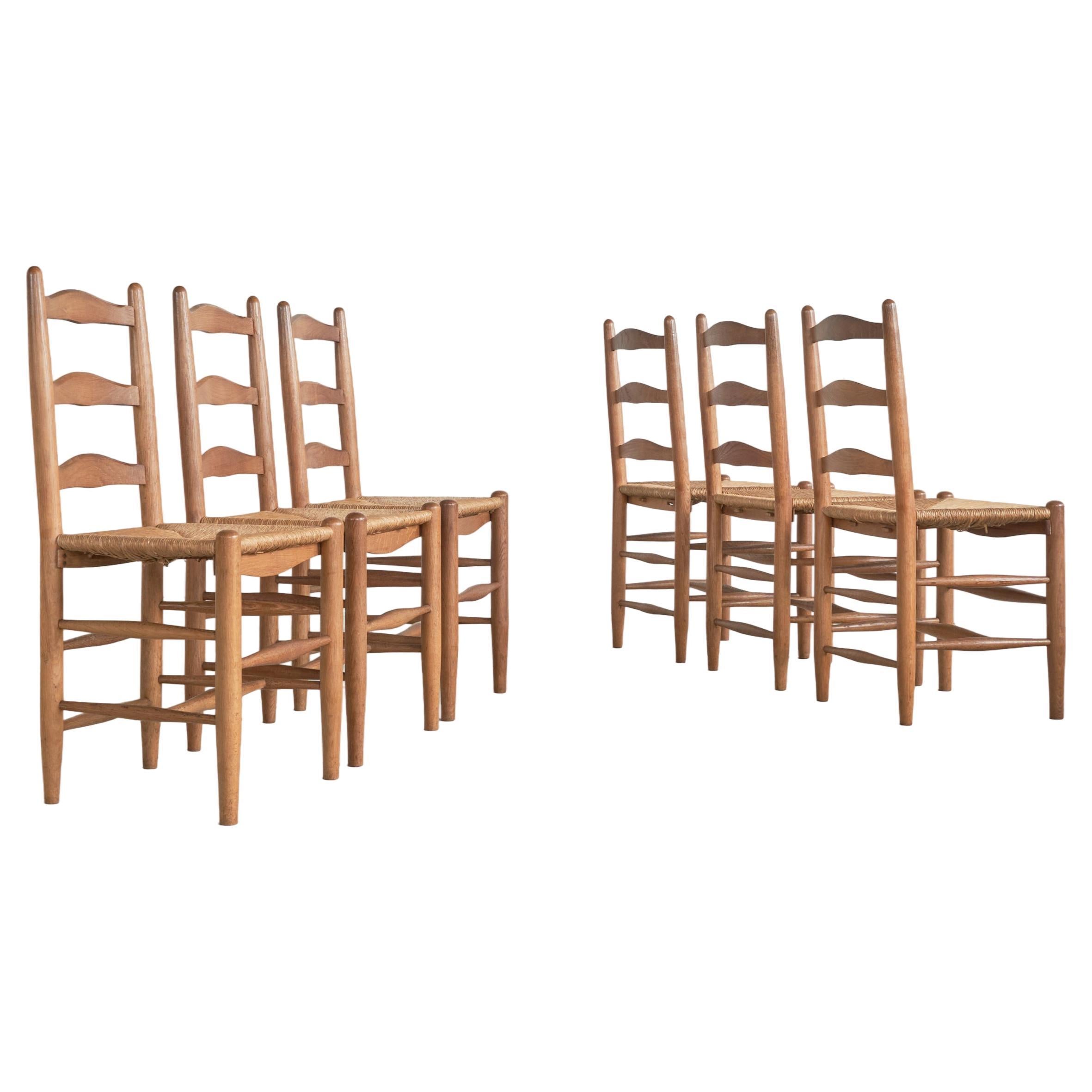 Set of 6 Midcentury Oak and Rush Chairs, 1950s For Sale
