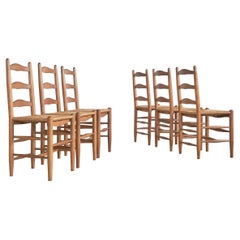 Set of 6 Midcentury Oak and Rush Chairs, 1950s