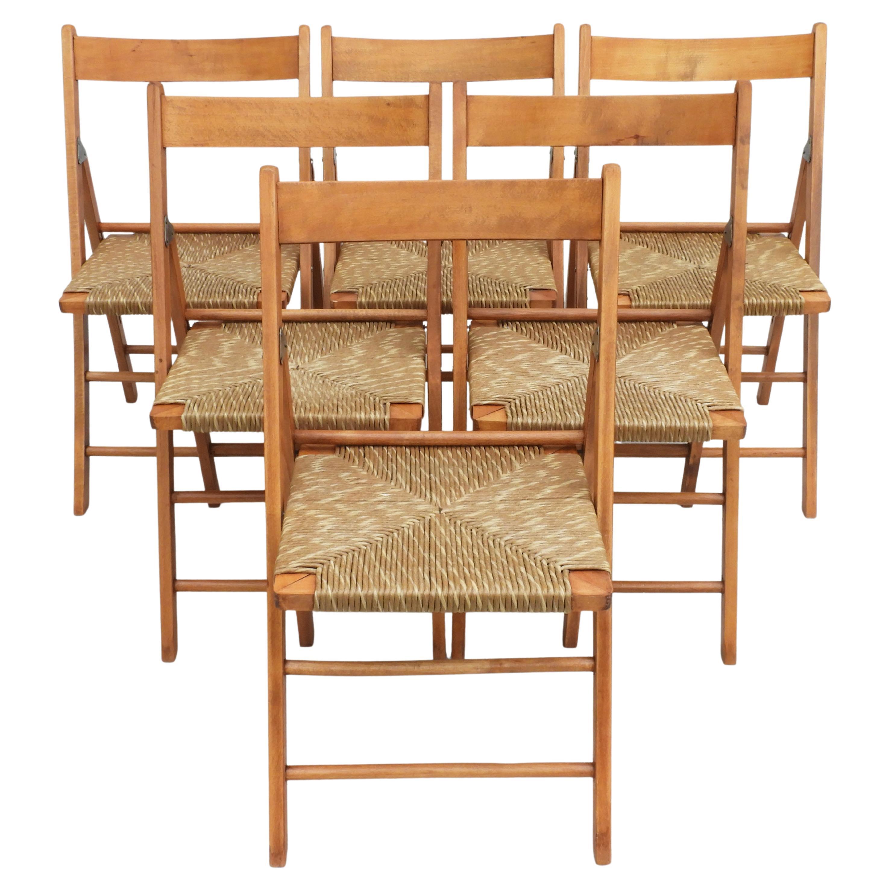 Vintage Beech Folding Chairs with Woven Paper Cord Seats C1970s France, Set of 6 For Sale