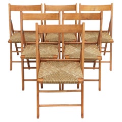 Vintage Beech Folding Chairs with Woven Paper Cord Seats C1970s France, Set of 6