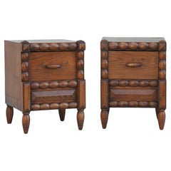 Pair of French Dudouyt Style Oak Bobbin Wood Single Drawer Night Stands c1940