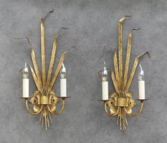Appliques murales Ferrocolor de style « Gilt Tole » représentant des gerbes de blé, vers 1950, deux paires disponibles