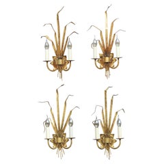 Appliques murales Ferrocolor de style « Gilt Tole » représentant des gerbes de blé, vers 1950, deux paires disponibles