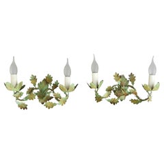 Pair of Vintage French Painted Tôleware Oak-Leaf Wall Sconces, c1970