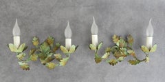 Pair of Vintage French Painted Tôleware Oak-Leaf Wall Sconces, c1970