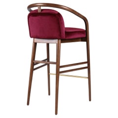 Walnut Wood Essex Bar Stool with Red Velvet Upholstery, Modern Design