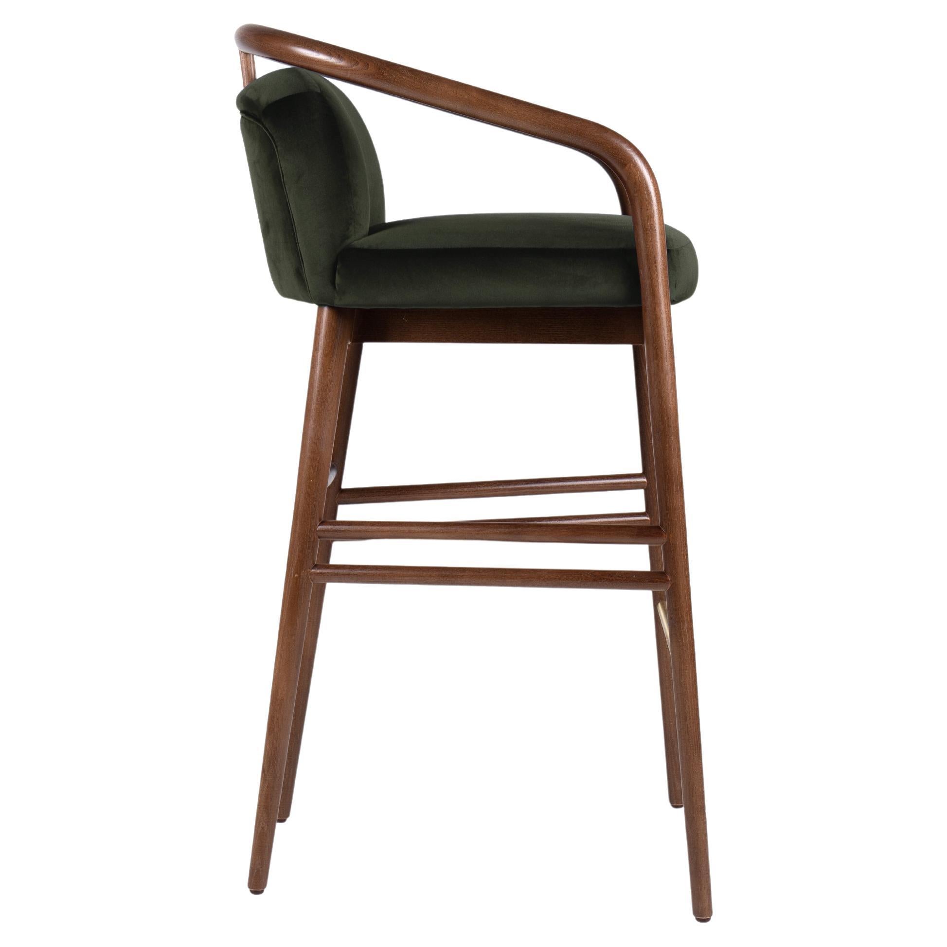 Walnut Wood Essex Bar Stool with Dark Green Velvet Upholstery