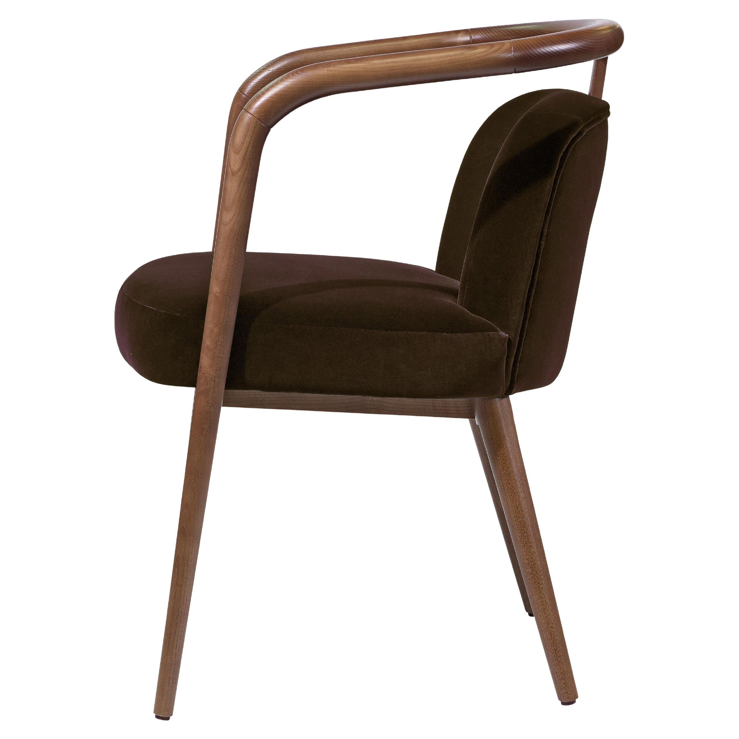 Walnut Wood Essex Armchair with Brown Velvet Upholstery, Modern Design