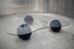 CLOUD Organic Shaped Glass Coffee Table with Blue Solid Wood Spheres