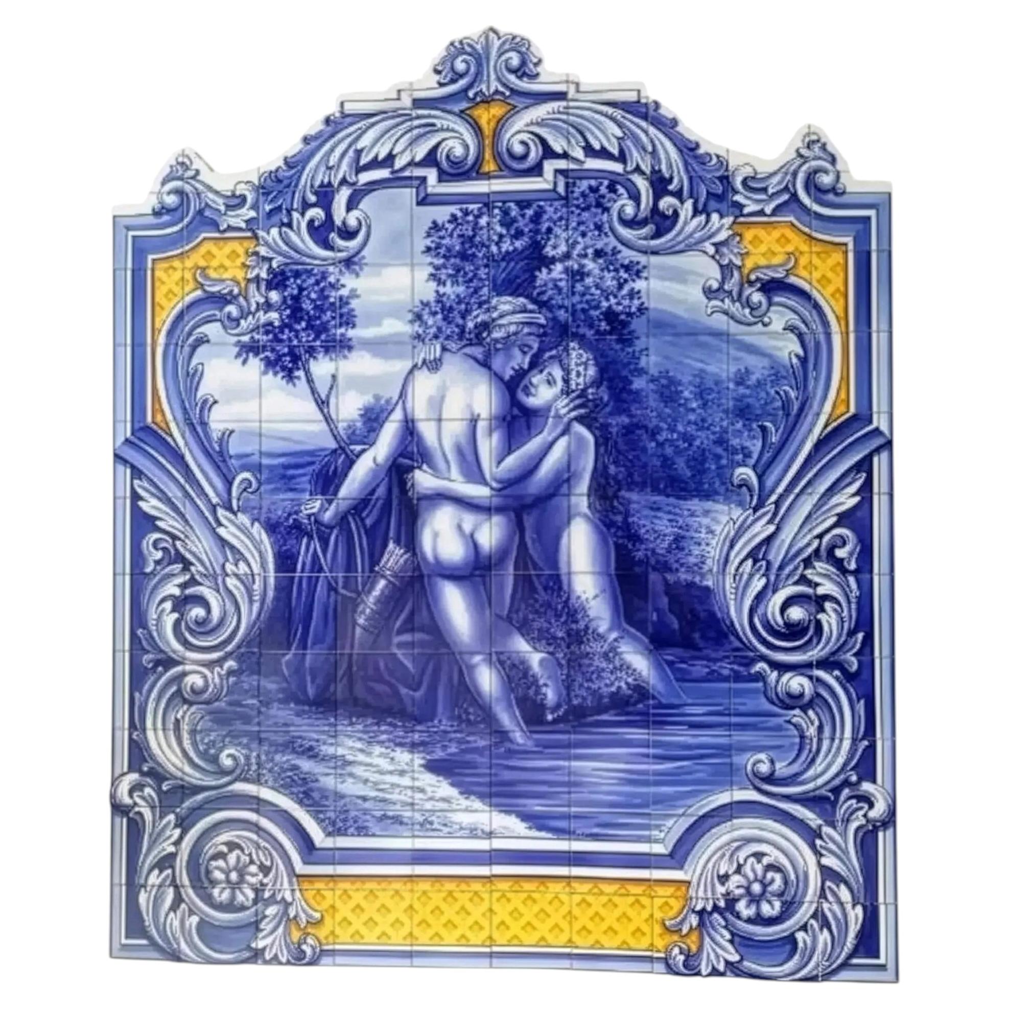 Large Portuguese Tile Mural "Romantic Motif" Hand Painted & Signed by Artist